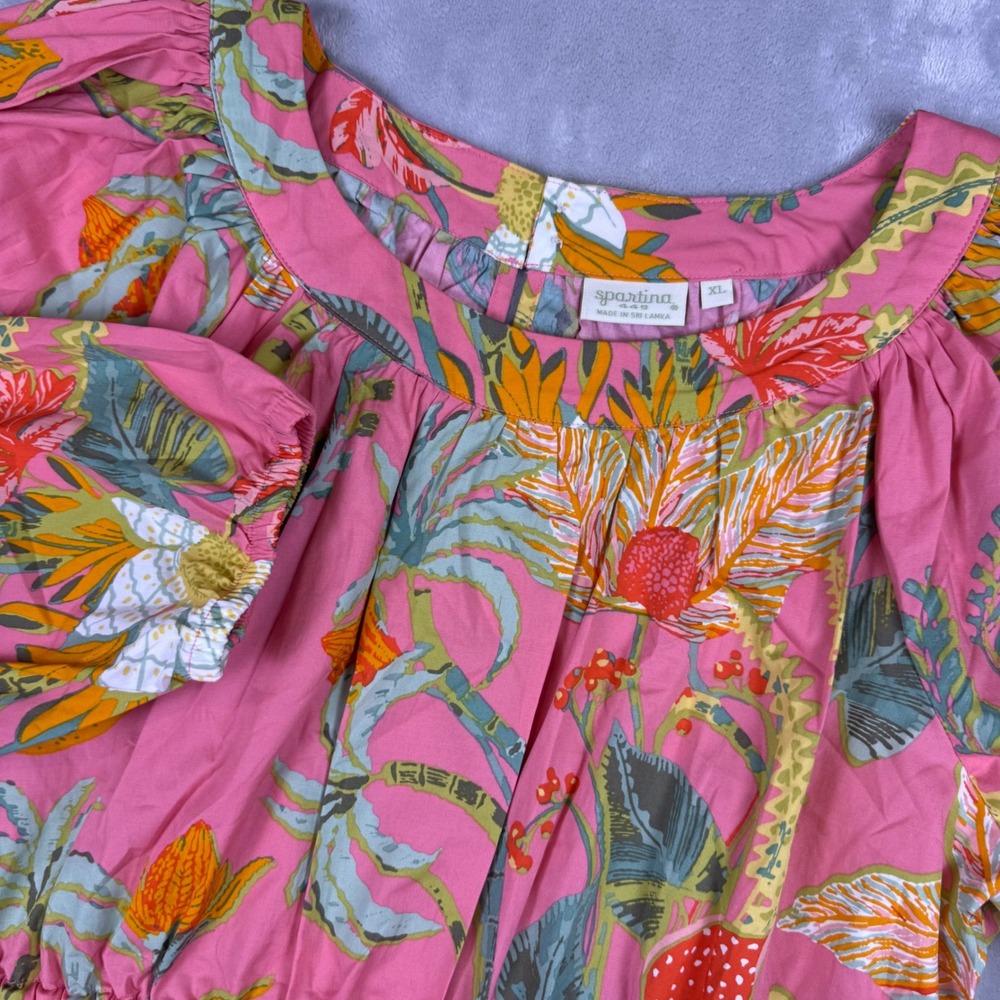 Spartina 449 Pink Floral Drawstring Waist Peplum Top XL Long Sleeve Cotton Blend